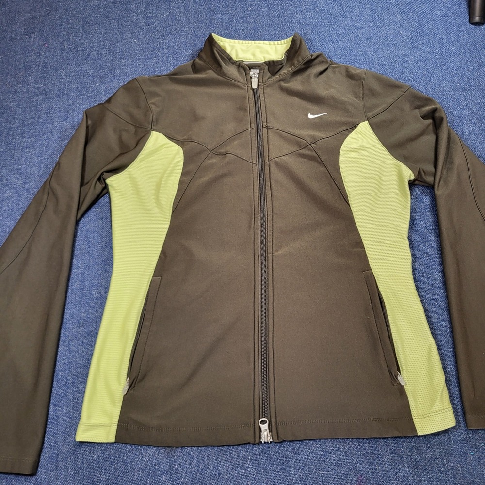 Nike Dry Fit Full Zip Track Jacket Brown Lime Green Mesh Womens Medium M 8-10